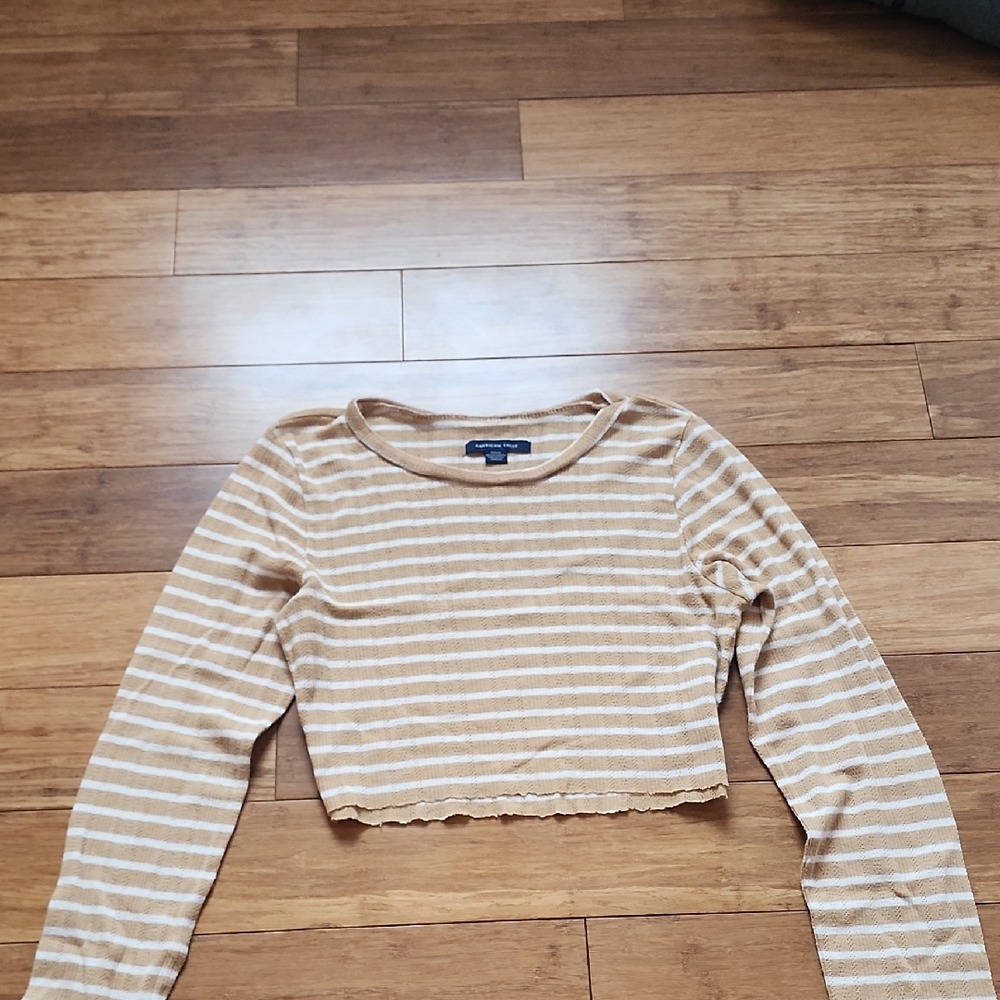 American Eagle Outfitters Beige & White Striped Cropped Long Sleeve Top